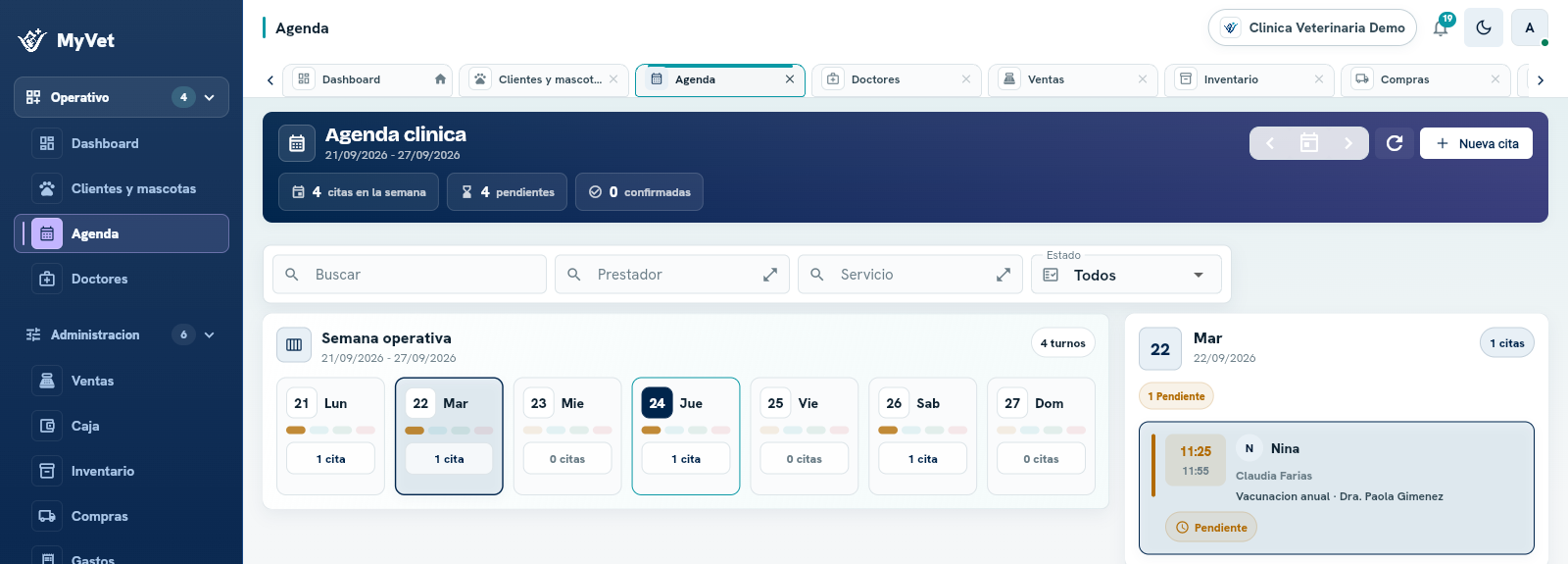 Agenda de MyVet con turnos y confirmación por WhatsApp