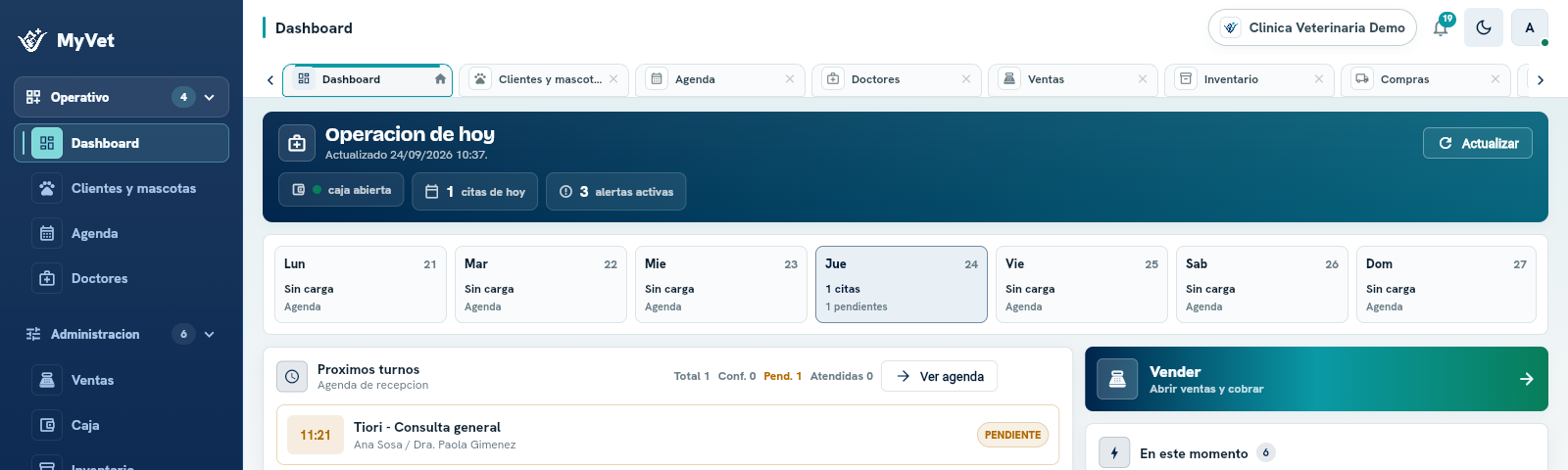 Dashboard de MyVet, sistema de gestión veterinaria